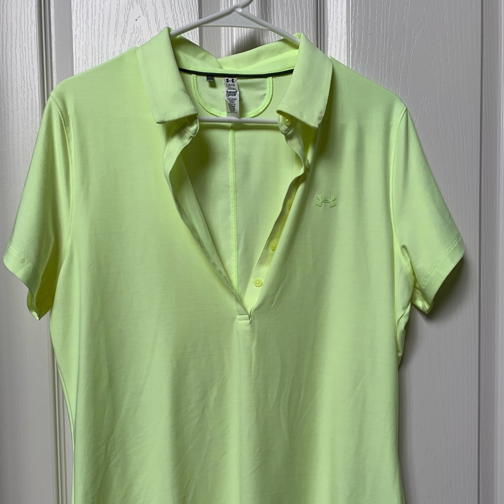 Large bright yellow ladies golf shirt, under armour.  Button up.